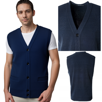 Sweter bezrękawnik męski rozpinany z dekoltem w serek V-dekolt granatowy - MUST