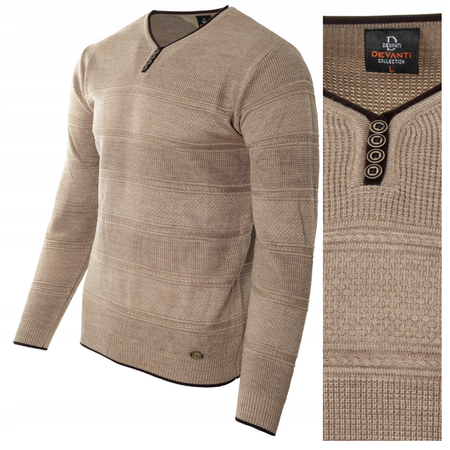 Sweter męski z okrągłym dekoltem krótkie zapięcie na guziki beżowy pasy klasyczny - Devanti