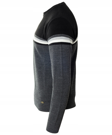 Sweter męski z okrągłym dekoltem wełniany szaro-czarny pasy klasyczny - Devanti