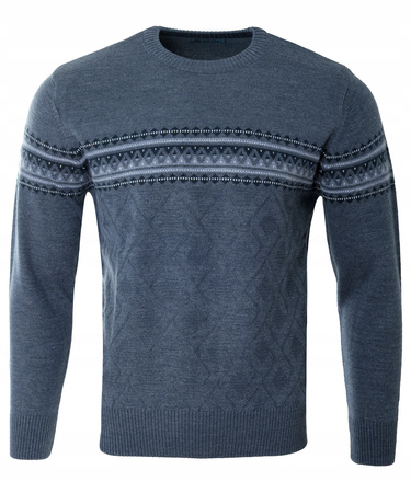 Sweter męski z okrągłym dekoltem niebieski wzór pasy wełna klasyczny - Devir