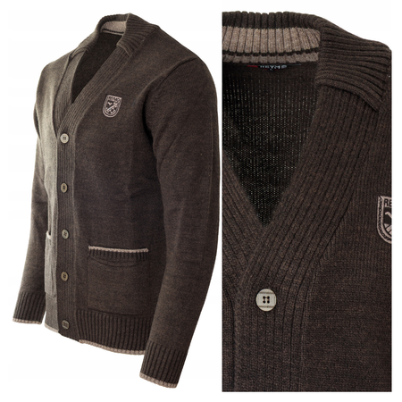 Sweter męski kardigan zapinany na guziki jesienny brązowy gładki ciepły wełniany - Reymo