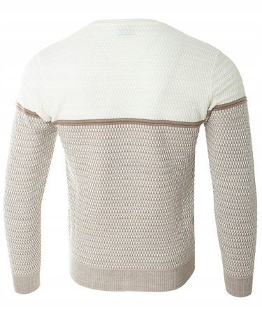 Sweter męski z okrągłym dekoltem beżowy wzór geometryczny pasy wełniany klasyczny - Devanti