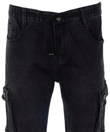 Męskie bojówki ocieplane polarem czarne robocze na gumce - Gemello