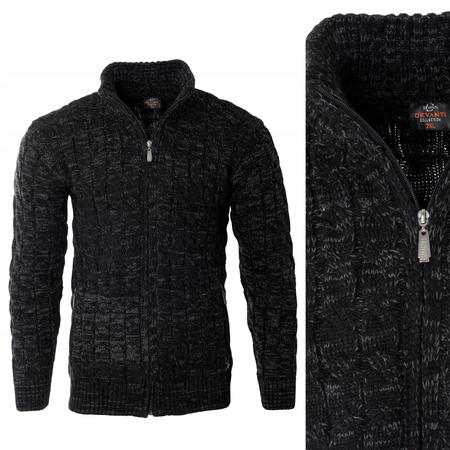 Sweter męski półgolf rozpinany jesienny czarny ze wzorem wełniany ciepły - Devanti 