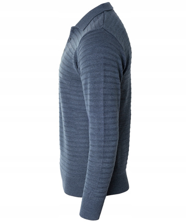 Bluza męska z kołnierzykiem polo na guziki niebieska wzór w pasy ze ściągaczami bawełniana - Reymo