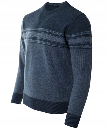 Sweter męski z okrągłym dekoltem ciemno-niebieski wzór pasy wełna klasyczny - Devir