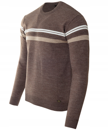 Sweter męski z okrągłym dekoltem brązowy wzór pasy wełniany klasyczny - Devanti
