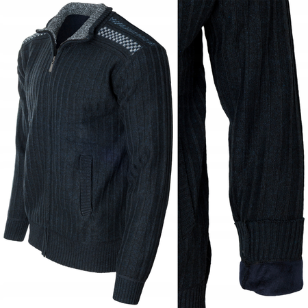 Sweter męski rozpinany ocieplany polarem jesienny granatowy ze wzorem 