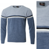 Sweter męski z okrągłym dekoltem wełniany niebiesko-błękitny pasy klasyczny - Devanti