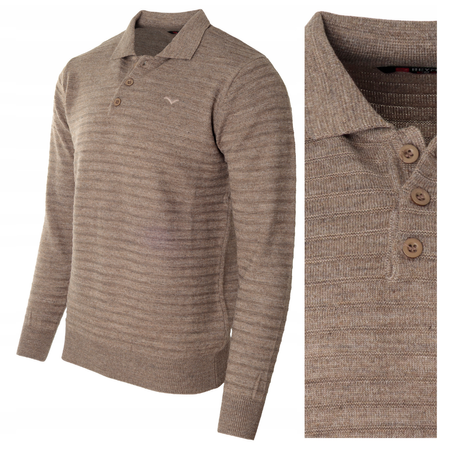 Bluza męska z kołnierzykiem polo na guziki brązowa wzór w pasy ze ściągaczami bawełniana - Reymo