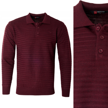 Bluza męska z kołnierzykiem polo na guziki bordowa wzór w pasy ze ściągaczami bawełniana - Reymo