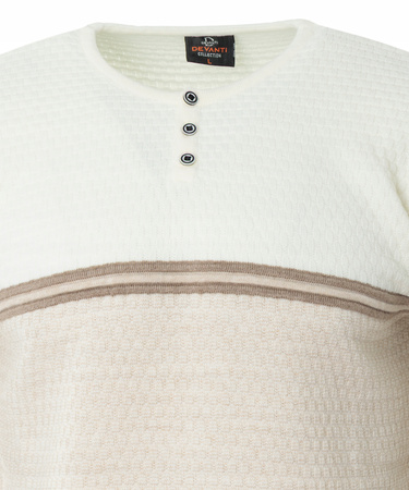 Sweter męski z okrągłym dekoltem krótkie zapięcie na guziki beżowo-biały klasyczny - Devanti