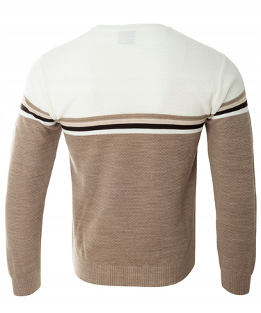 Sweter męski z okrągłym dekoltem brązowo-biały wzór pasy wełniany klasyczny - Devanti