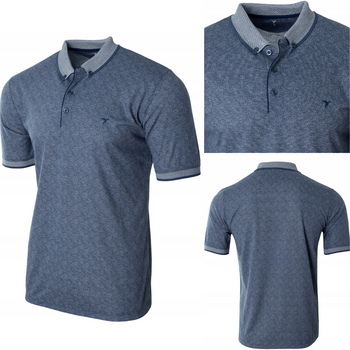 Koszulka męska polo niebieska we wzór bawełniana dekolt z guzikami kołnierz wiosenna - Reymo