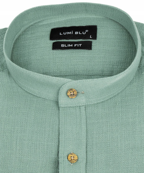 Koszula męska jak lniana miętowa ze stójką slim długie rękawy- Lumi Blu