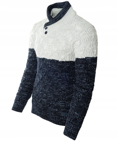 Sweter męski z okrągłym dekoltem zapięcie na krótki zamek i guziki granatowo-biały klasyczny - Devanti