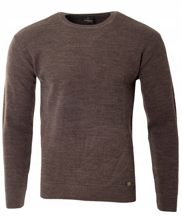 Sweter męski z okrągłym dekoltem ciemno-brązowy wełniany klasyczny - Devanti