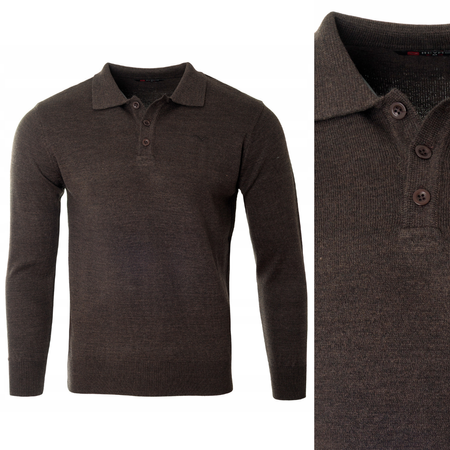 Bluza męska z kołnierzykiem polo na guziki brązowa gładka ze ściągaczami wełniana - Reymo