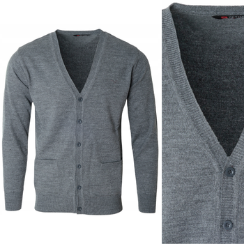 Sweter męski kardigan zapinany na guziki jesienny V-dekolt szary gładki wełniany - Reymo