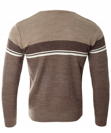 Sweter męski z okrągłym dekoltem brązowy wzór pasy wełniany klasyczny - Devanti