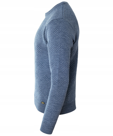 Sweter męski z okrągłym dekoltem niebieski wzór wełniany klasyczny - Devanti