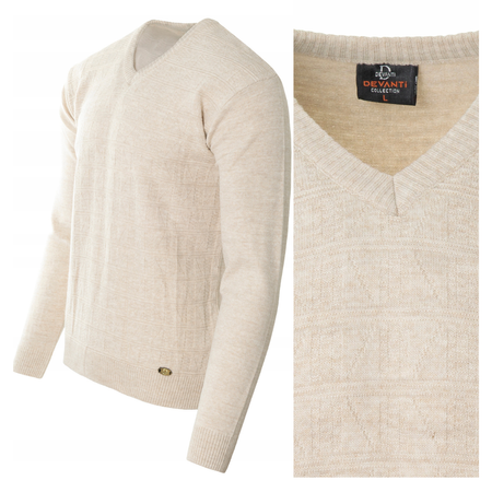 Sweter męski beżowy dekolt w serek V wzór kratka wełniany turecka Devanti