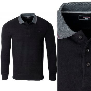 Bluza męska czarna gładka z kołnierzykiem polo na guziki ze ściągaczami bawełniana - Reymo