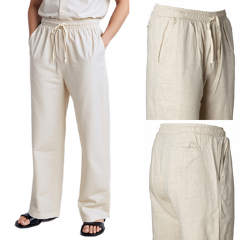 Spodnie męskie lniane na gumce beżowe bawełna len przewiewne letnie - Redline