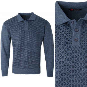 Sweter męski niebieski z kołnierzykiem polo na guziki ze ściągaczami wełna ze wzorem - Reymo