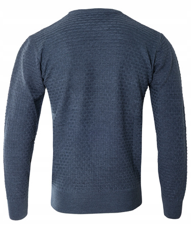 Sweter męski z okrągłym dekoltem pod szyję niebieski we wzór wełniany klasyczny ciepły - Reymo