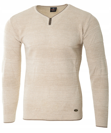 Sweter męski z okrągłym dekoltem krótkie zapięcie na guziki jasno-beżowy pasy klasyczny - Devanti