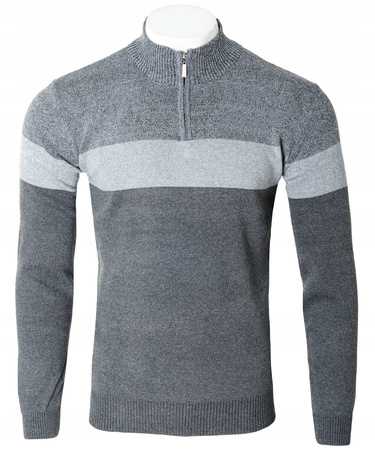 Sweter męski rozpinany wzór w pasy krótki zamek szary półgolf - Must