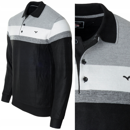 Bluza męska czarno-szara z kołnierzykiem polo na guziki ze ściągaczami bawełniana - Reymo