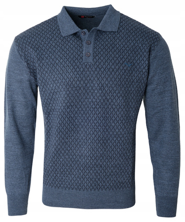 Sweter męski niebieski z kołnierzykiem polo na guziki ze ściągaczami wełna ze wzorem - Reymo