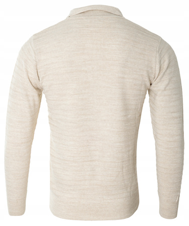 Bluza męska z kołnierzykiem polo na guziki beżowa wzór w pasy ze ściągaczami bawełniana - Reymo