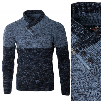 Sweter męski z okrągłym dekoltem zapięcie na krótki zamek i guziki niebieski klasyczny - Devanti