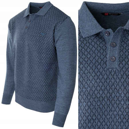 Sweter męski niebieski z kołnierzykiem polo na guziki ze ściągaczami wełna ze wzorem - Reymo