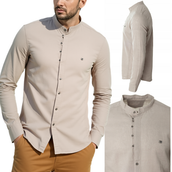 Koszula męska lniana casual ciemno-beżowa letnia przewiewna - Redline