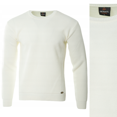 Sweter męski z okrągłym dekoltem ecru wełniany klasyczny - Devanti