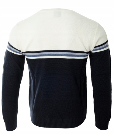 Sweter męski z okrągłym dekoltem granatowo-biały wzór pasy wełniany klasyczny - Devanti