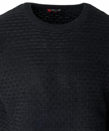 Sweter męski z okrągłym dekoltem pod szyję czarny we wzór wełniany klasyczny ciepły - Reymo