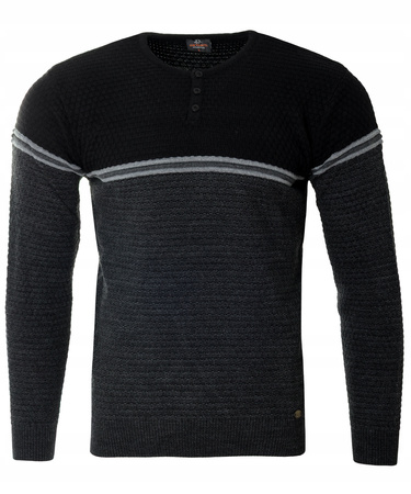 Sweter męski z okrągłym dekoltem krótkie zapięcie na guziki szaro-czarny klasyczny - Devanti