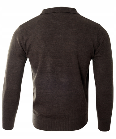 Bluza męska z kołnierzykiem polo na guziki brązowa gładka ze ściągaczami wełniana - Reymo