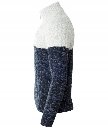 Sweter męski półgolf na krótki zamek jesienny granatowo-szary ze wzorem wełniany ciepły - Devanti