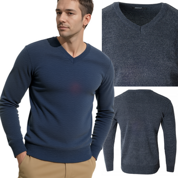 Sweter męski z dekoltem w serek V-dekolt niebiesko-szary - MUST