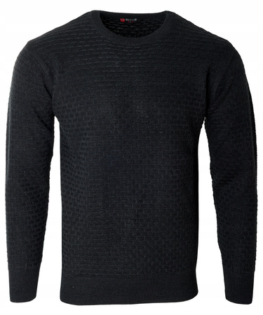 Sweter męski z okrągłym dekoltem pod szyję czarny we wzór wełniany klasyczny ciepły - Reymo