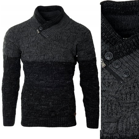 Sweter męski z okrągłym dekoltem zapięcie na krótki zamek i guziki czarny klasyczny - Devanti