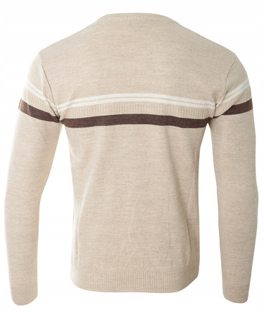 Sweter męski z okrągłym dekoltem beżowy wzór pasy wełniany klasyczny - Devanti
