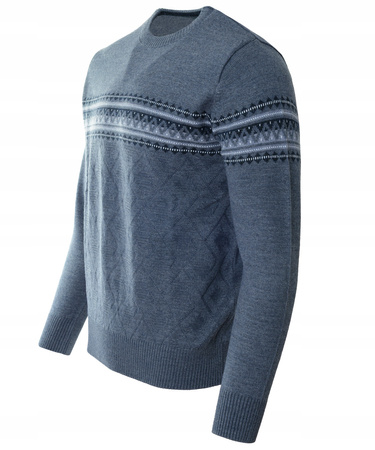 Sweter męski z okrągłym dekoltem niebieski wzór pasy wełna klasyczny - Devir