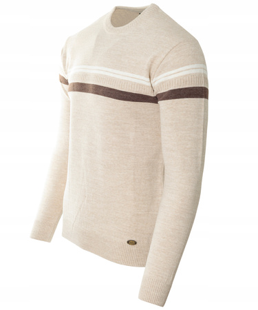 Sweter męski z okrągłym dekoltem beżowy wzór pasy wełniany klasyczny - Devanti